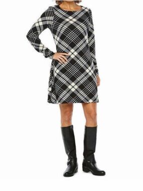 Chetta B Plaid A-Line Dress Small Black White Long Sleeve Stretch Fall